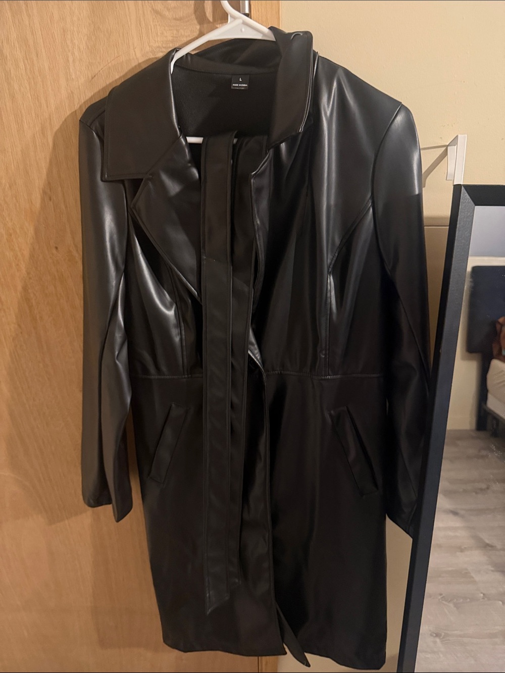 Women's Black Faux Leather Trench Coat - Classic Sleek Style
